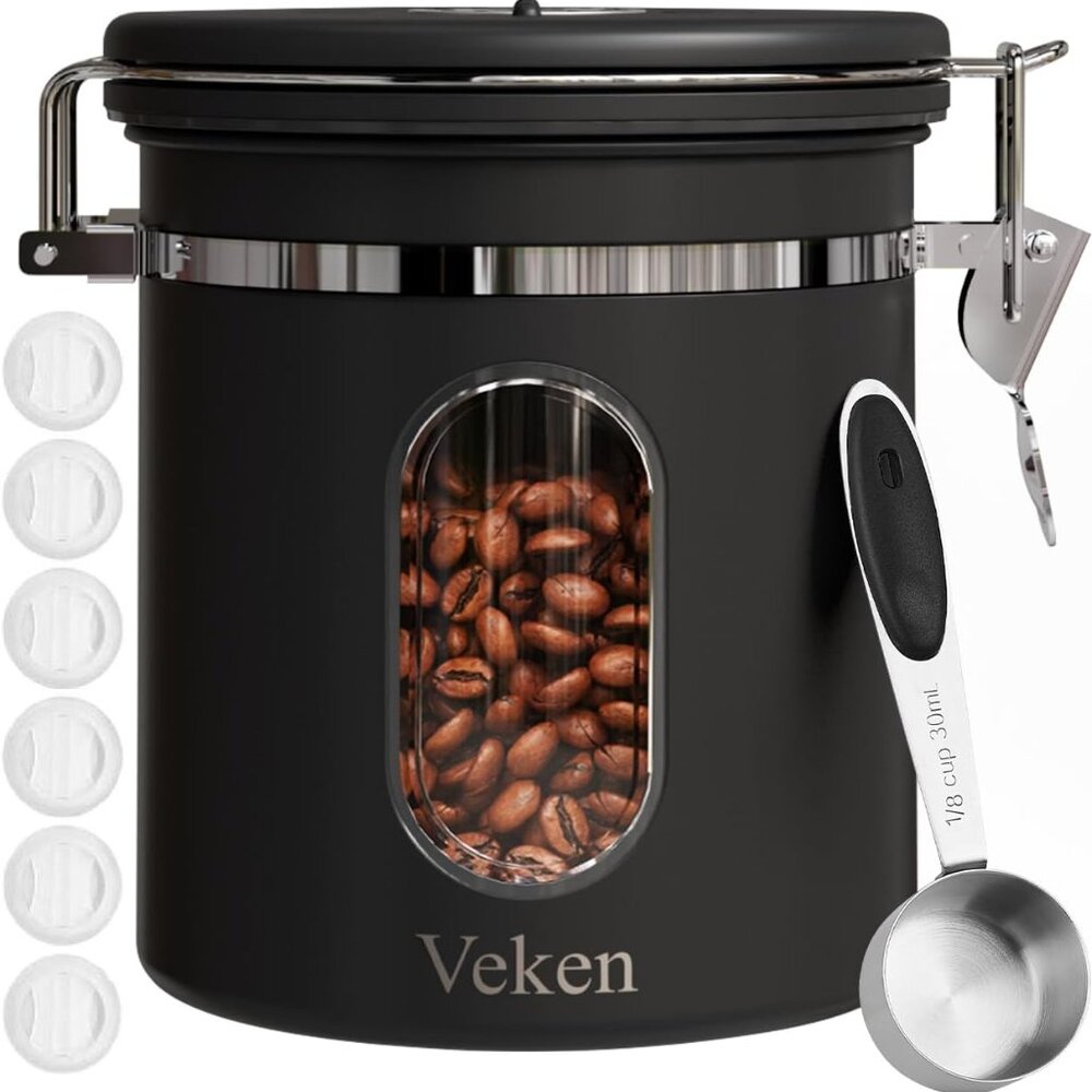 Veken Coffee Canister with Window, Airtight Stainless Steel  16OZ, Black